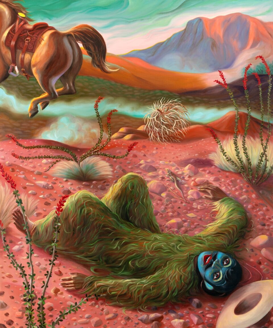 a furry figure with a blue face lies on a pink landscape with a horse galloping away in the background