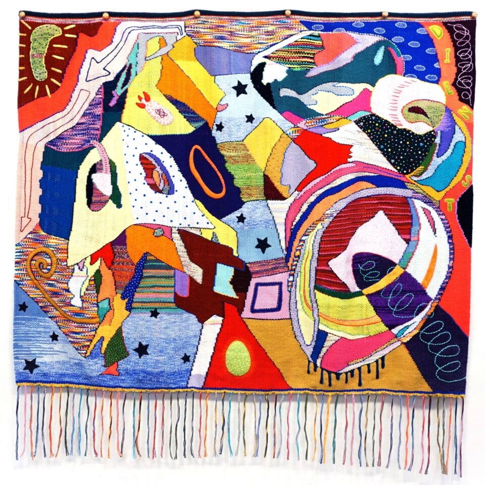 a vibrant abstract tapestry with threads dangling from the bottle