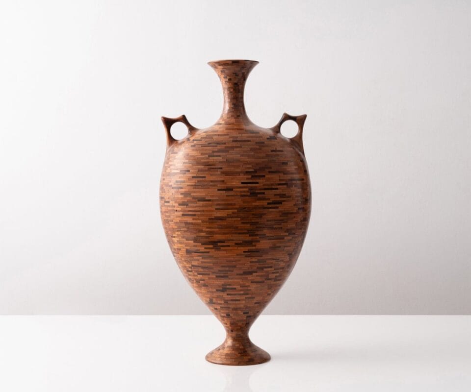 a wooden vessel made of small pieces of wood stacked together