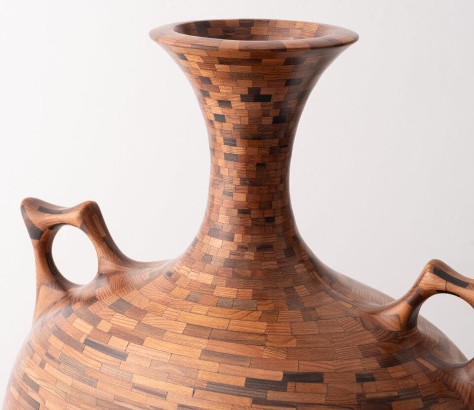 a detail image of a wooden vessel made of stacked pieces in varied colors