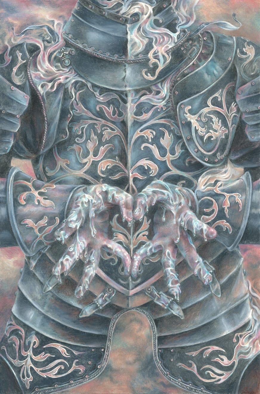 the torso of a knight with drippy fingers rendered in pink, blue, and gray