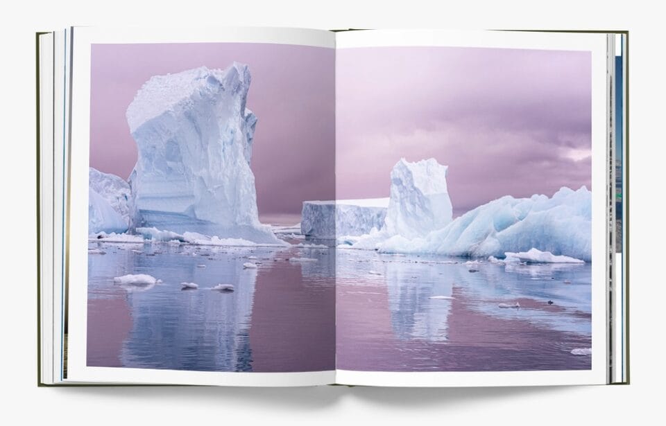 a spread from the book 'HOPE' of a series of small icebergs against a pink sky