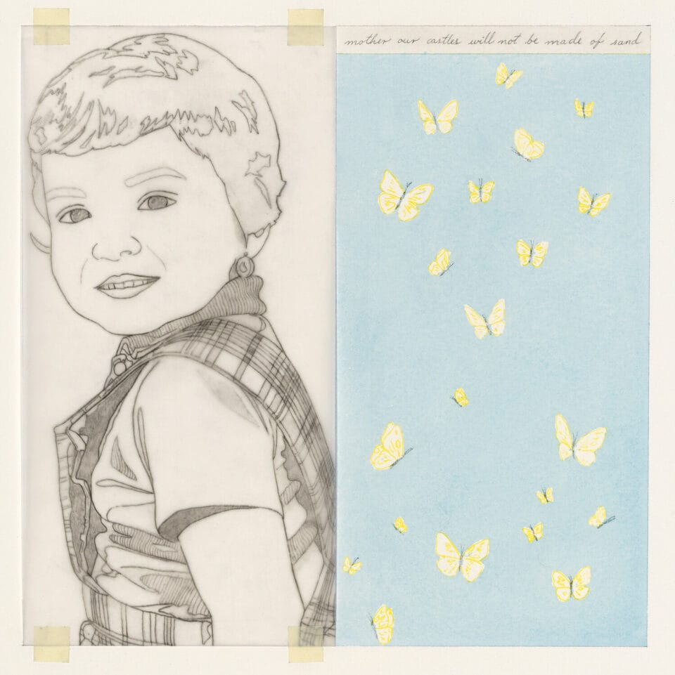 a portrait of a child next to a flutter of yellow butterflies on a blue backdrop