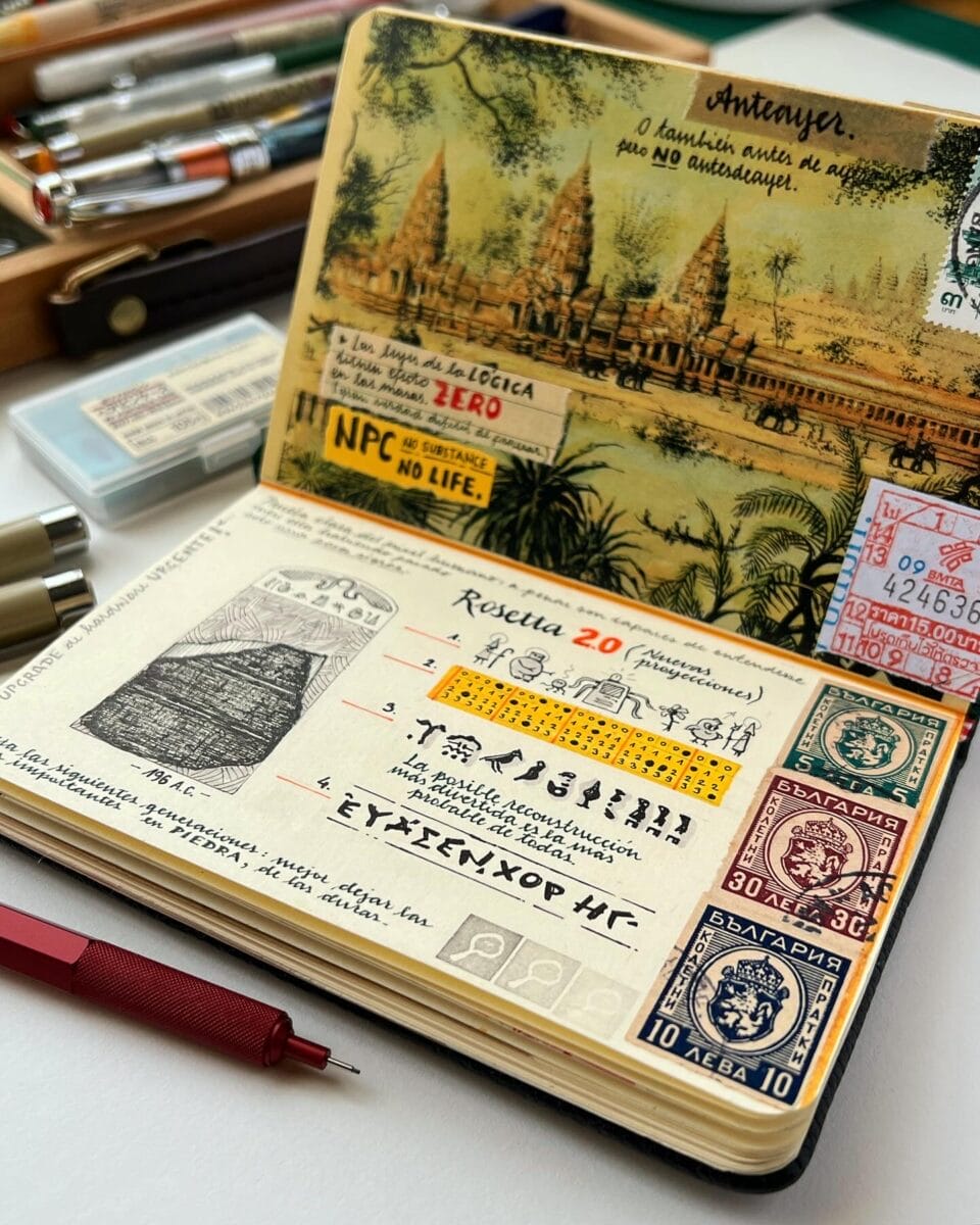 a small sketchbook with elaborately designed travel notes and drawings, on a table with artmaking tools like pens and ink
