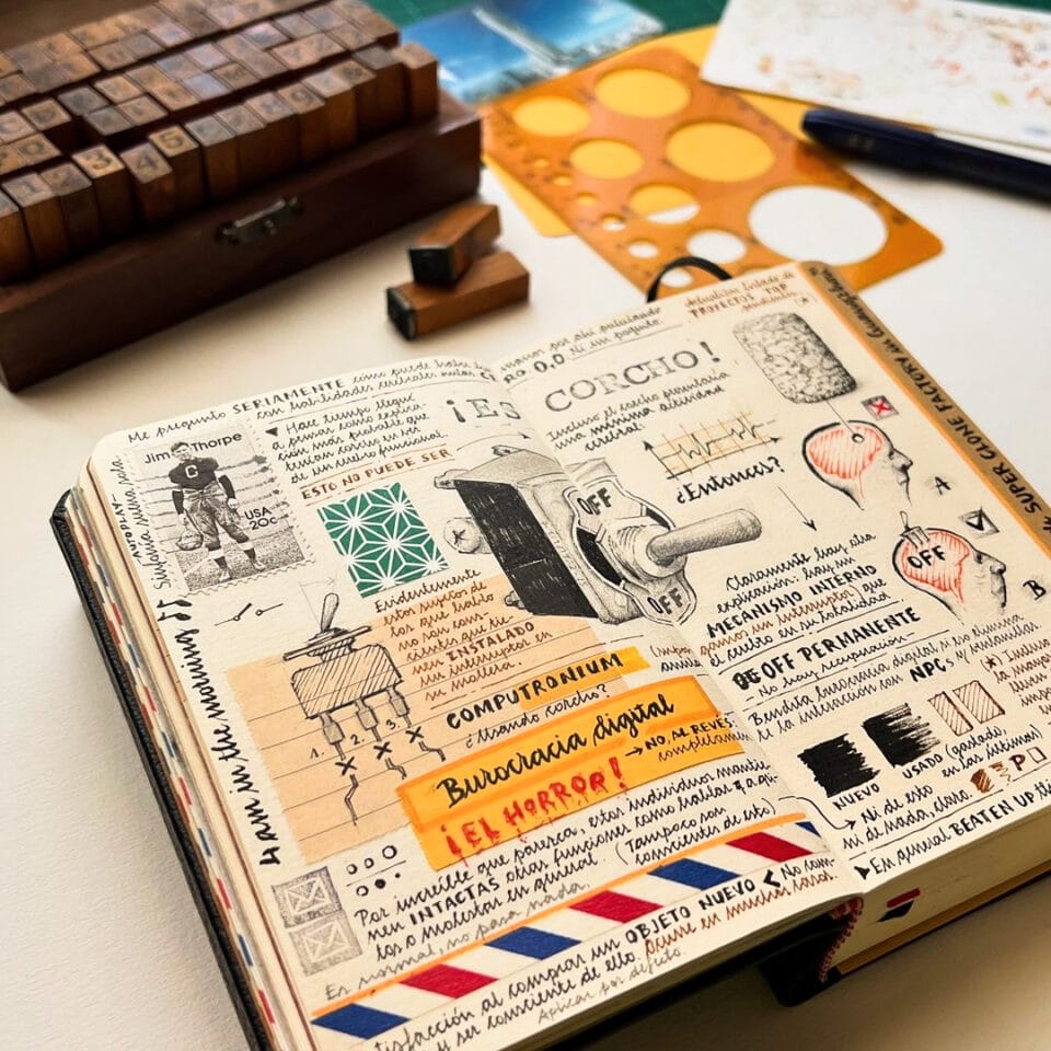 a small sketchbook with elaborately designed travel notes and drawings, on a table with artmaking tools like a stencil and stamps