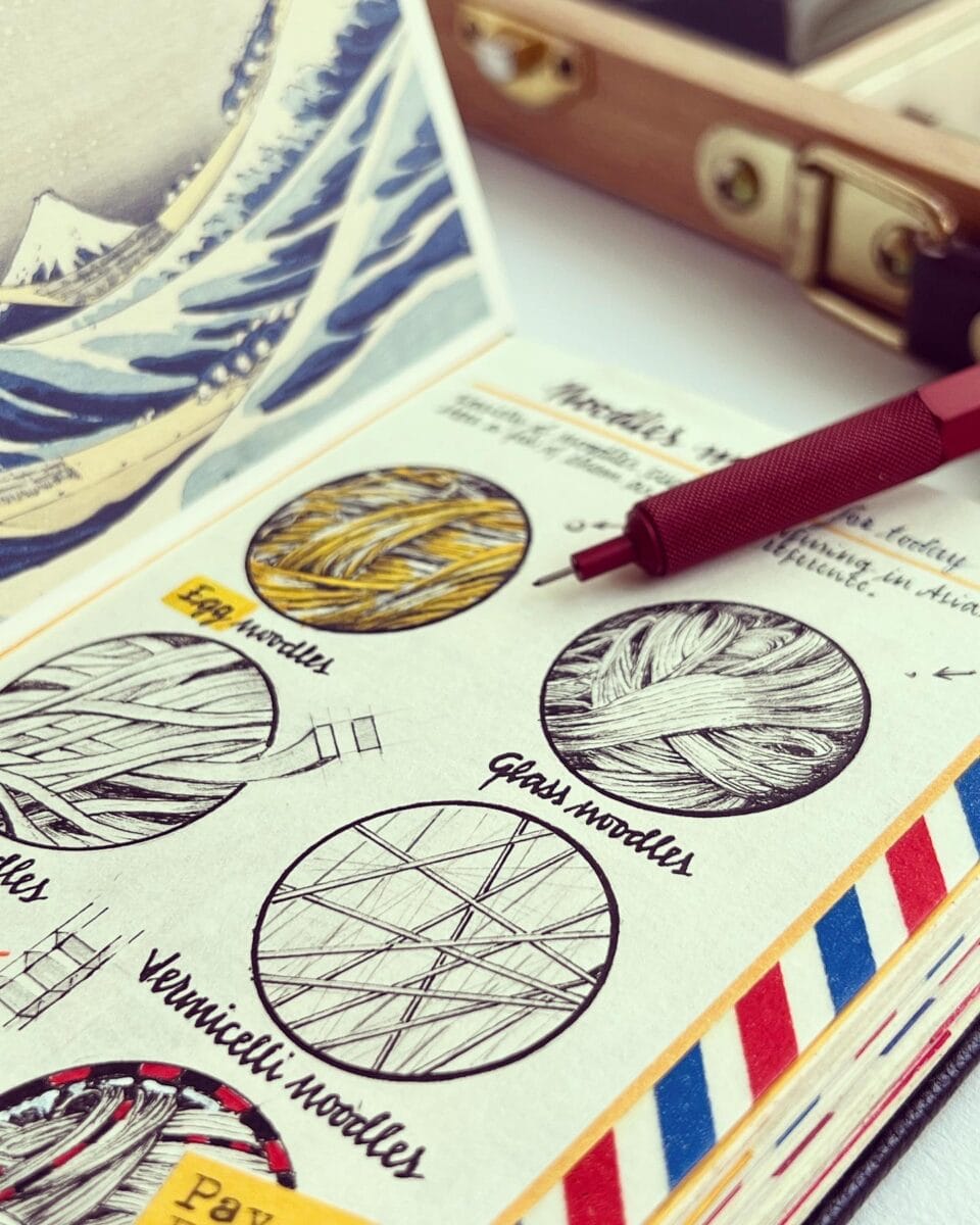 a small sketchbook with elaborately designed travel notes and drawings, on a table with artmaking tools like pens and ink