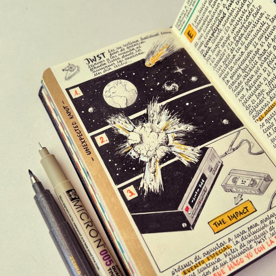 a small sketchbook with elaborately designed travel notes and drawings