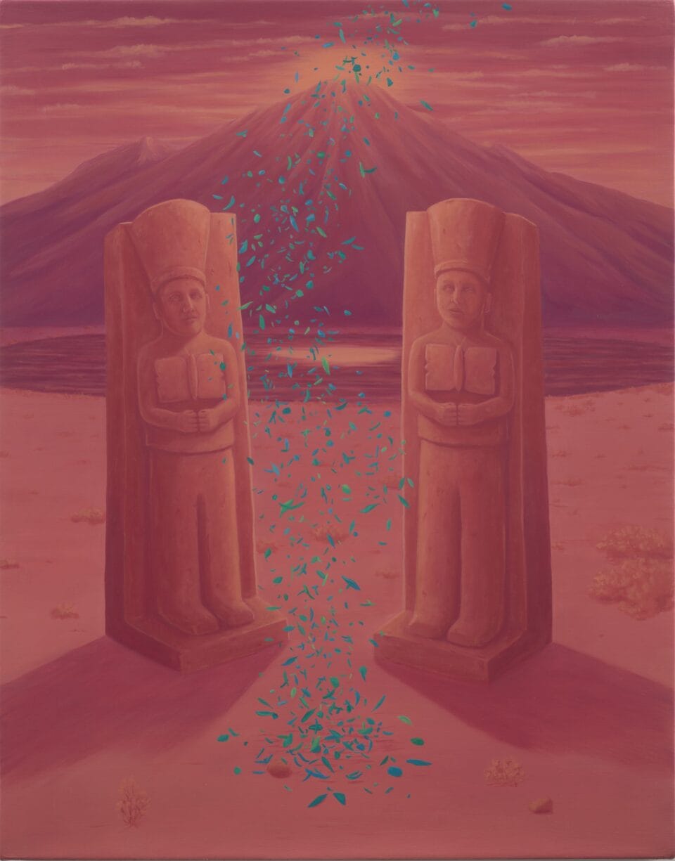 a pair of totemic sculptures stand in front of a volcano with green raining down