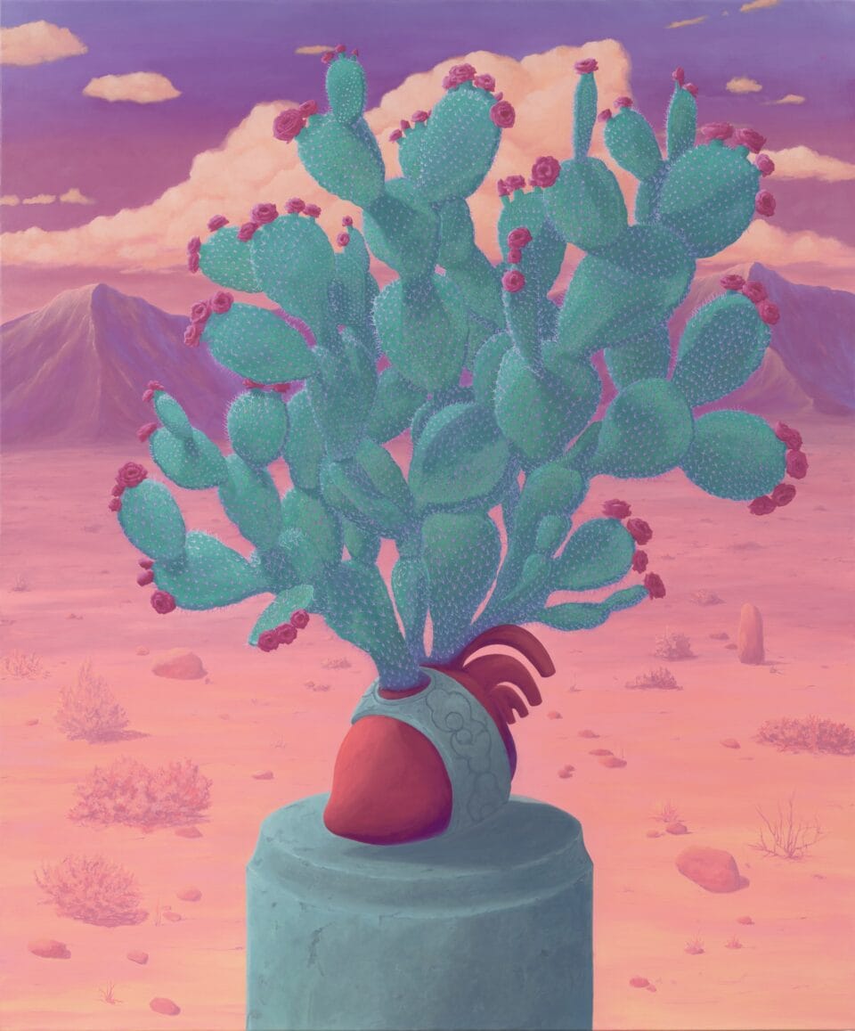 a cacti wrapped around a pink heart in a desert landscape