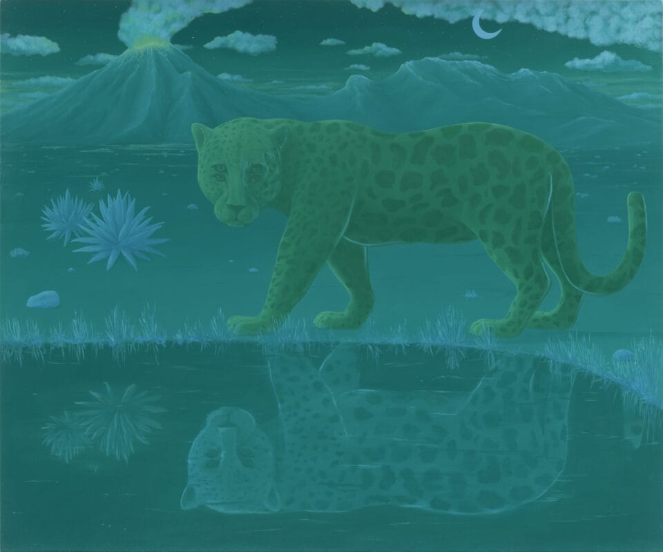 a jaguar with a reflection in water prowls in a green-washed desert