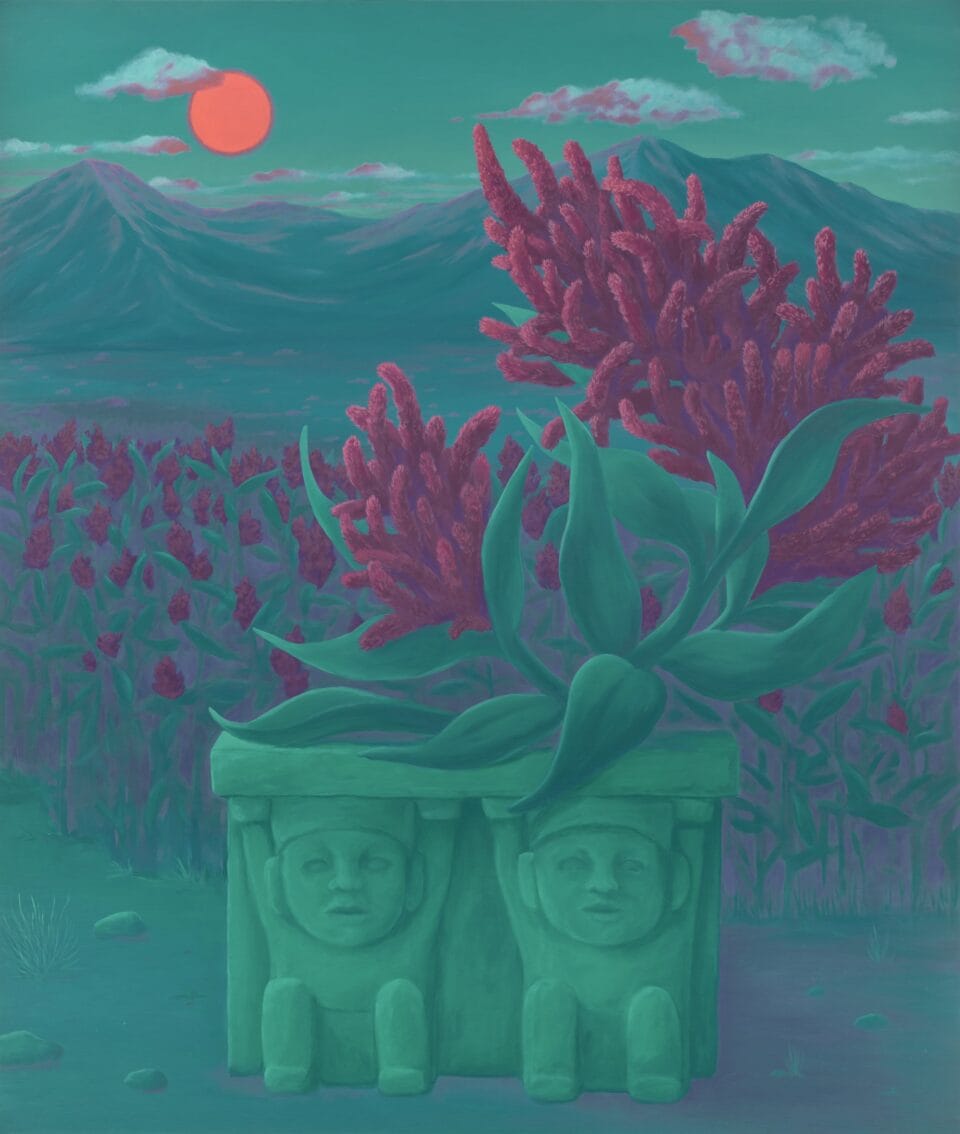 a figurative sculpture with green and pink plants growing from it in a desert
