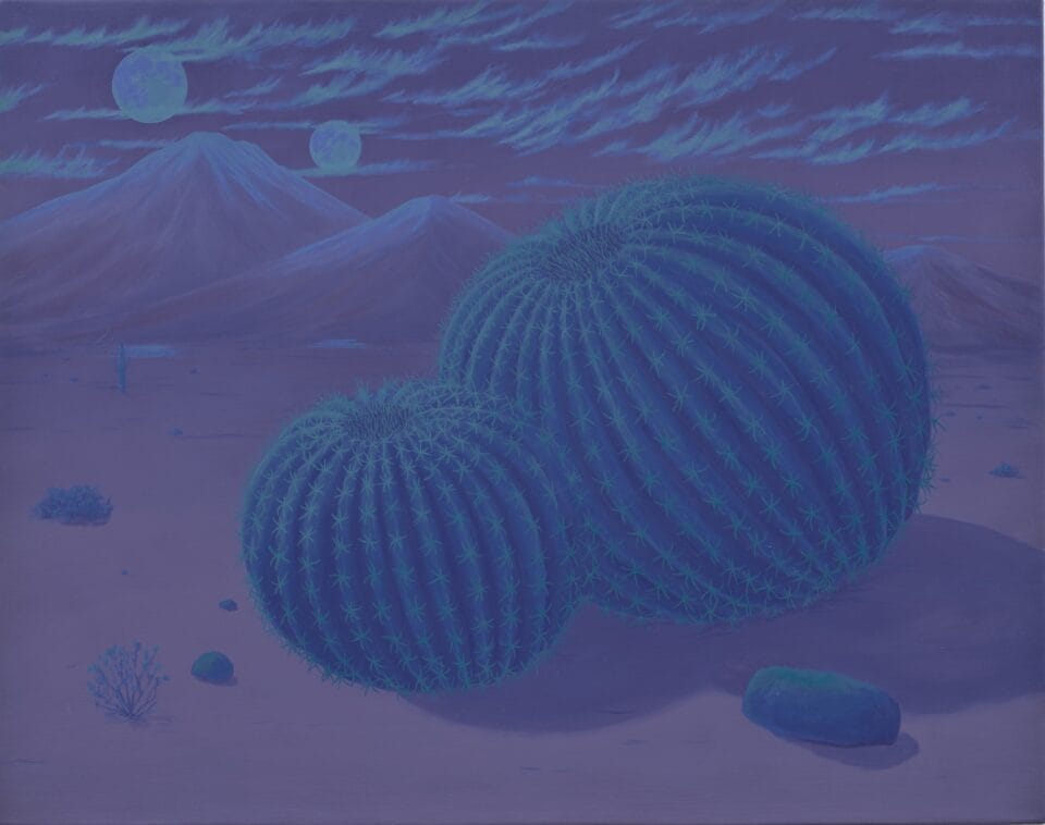 a pair of blue cacti in front of mountains in blue and purple