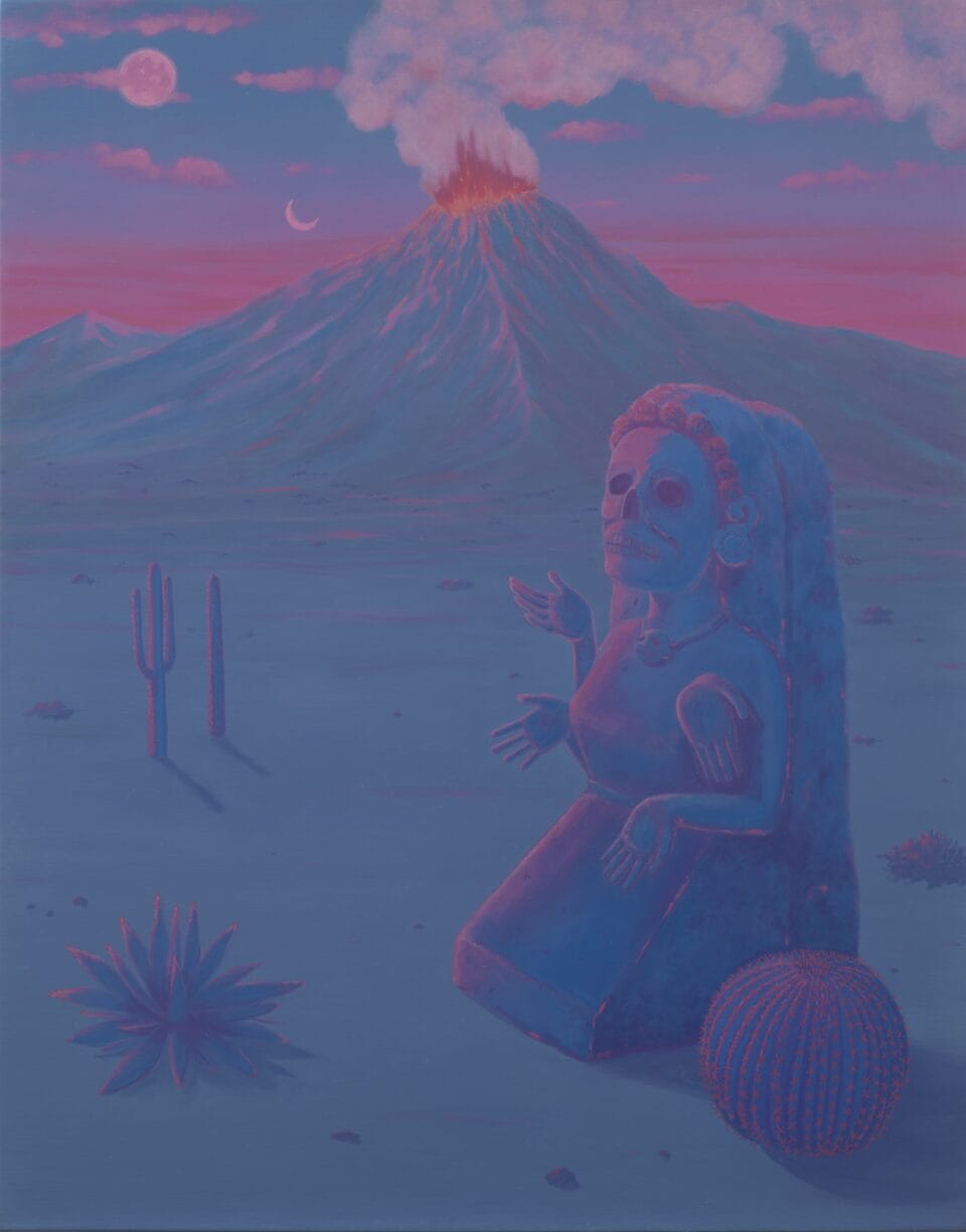 a mythic statue stands in the desert in front of an exploding volcano