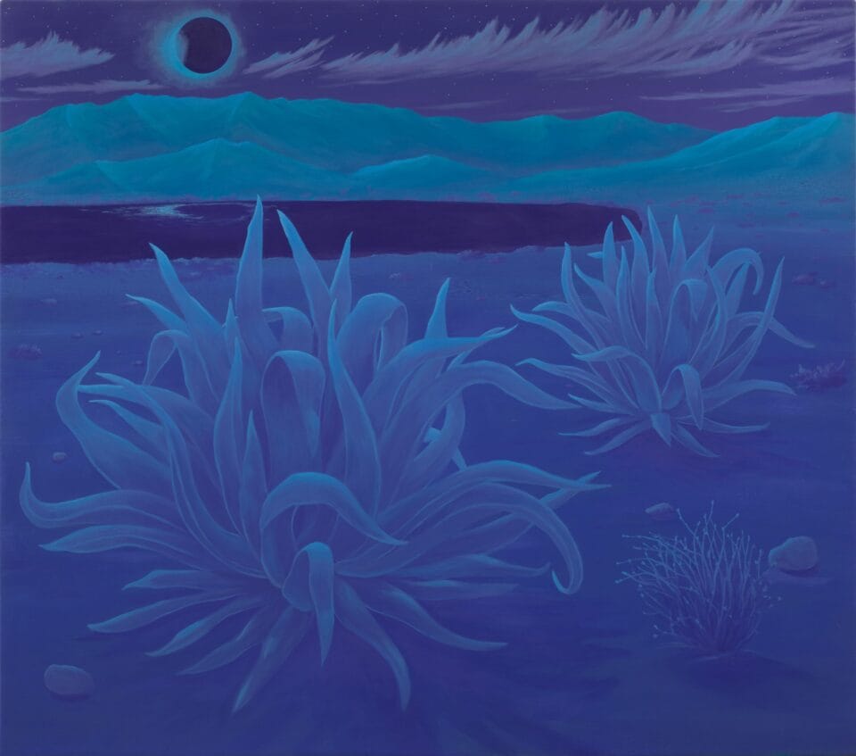 a blue landscape with a pair of agave plants