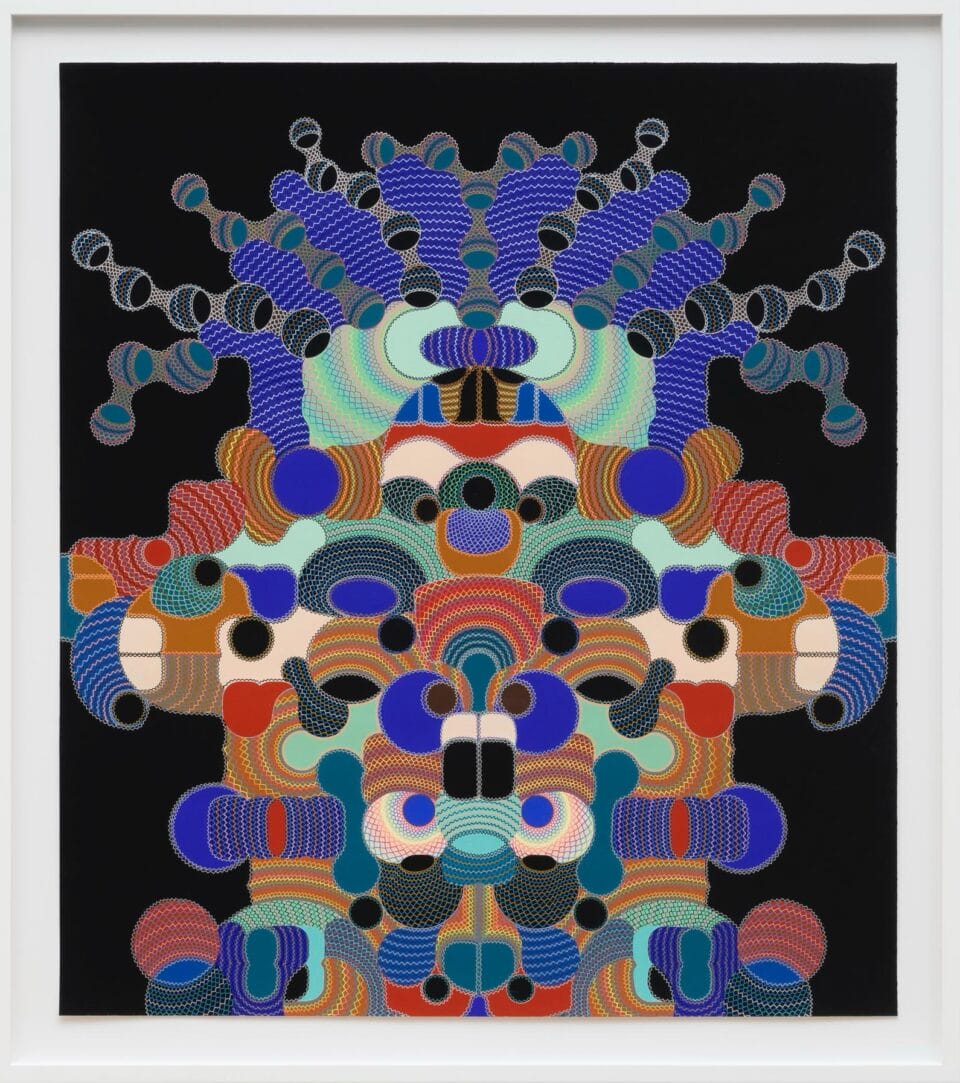 an abstract symmetric work with colorful geometries and delicate linework reminiscent of a face and in a white frame