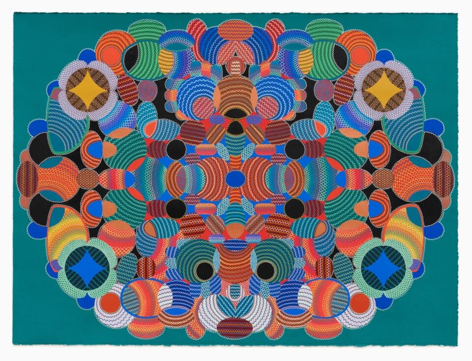 an abstract symmetric work with colorful geometries and delicate linework on an aqua background