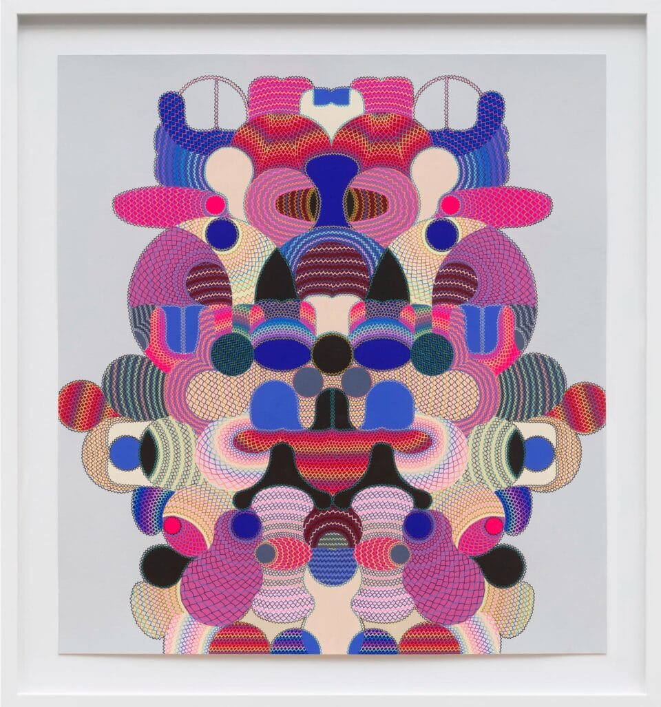 an abstract symmetric work with colorful geometries and delicate linework reminiscent of a face and in a white frame