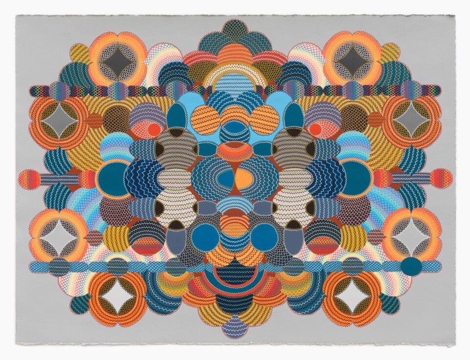 an abstract symmetric work with colorful geometries and delicate linework on a gray background