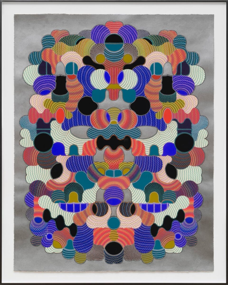 an abstract symmetric work with colorful geometries and delicate linework reminiscent of a face and in a white frame