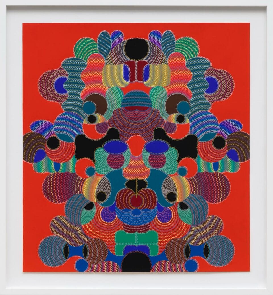 an abstract symmetric work with colorful geometries and delicate linework reminiscent of a face and in a white frame