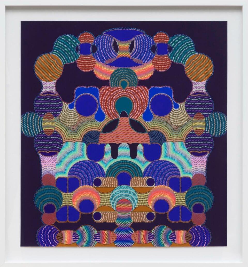 an abstract symmetric work with colorful geometries and delicate linework reminiscent of a face and in a white frame