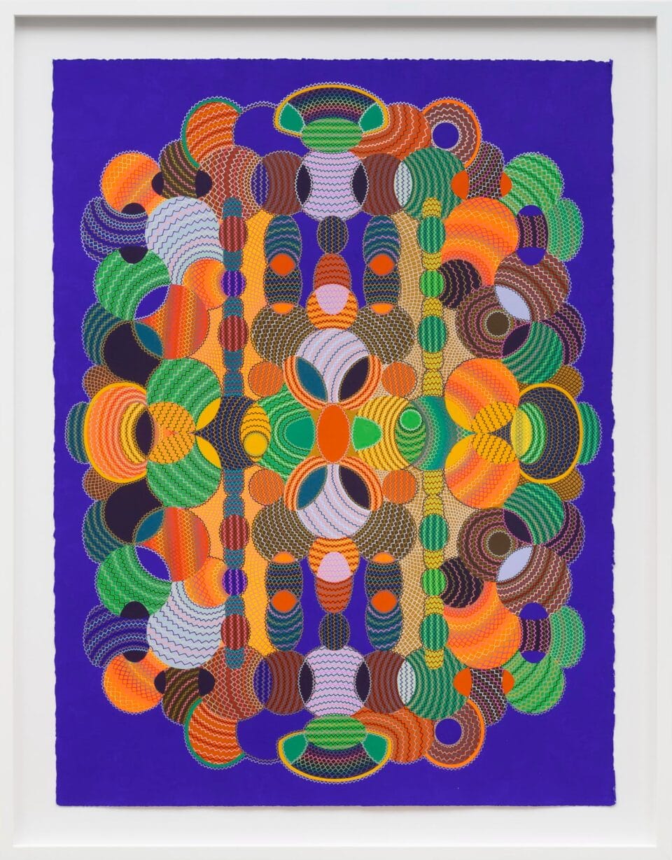 an abstract symmetric work with colorful geometries and delicate linework on a purple background and in a white frame