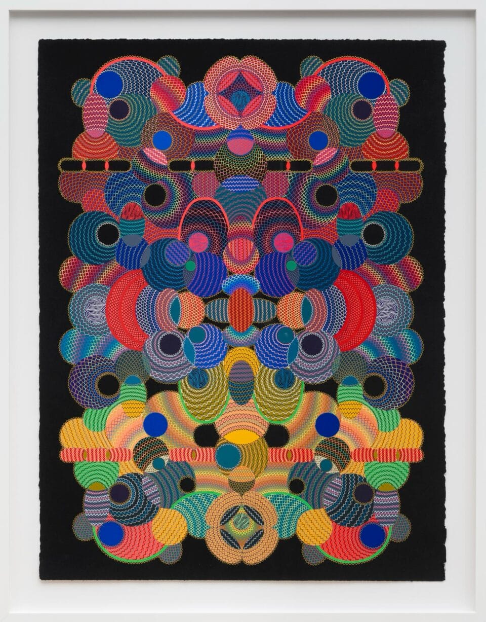 an abstract symmetric work with colorful geometries and delicate linework on a black background and in a white frame