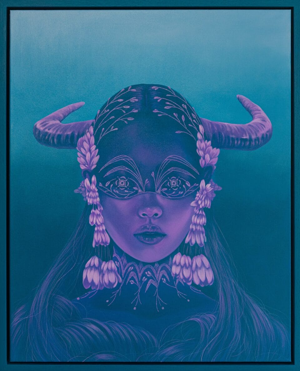 a blue and pink portrait of a woman with horns and flowers around her face