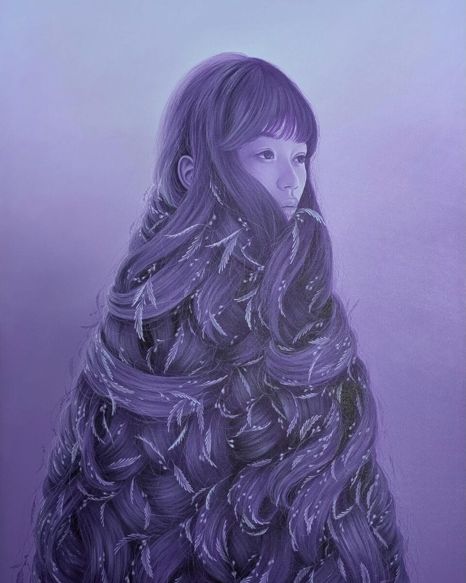 a portrait in purple of a woman with hair that wraps around her whole body