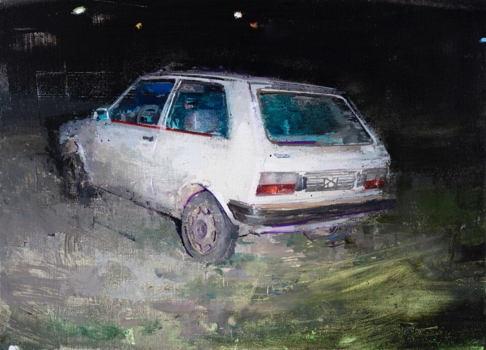 an oil painting of the rear of a Yugo car in a grassy area, illuminated headlights or a spotlight