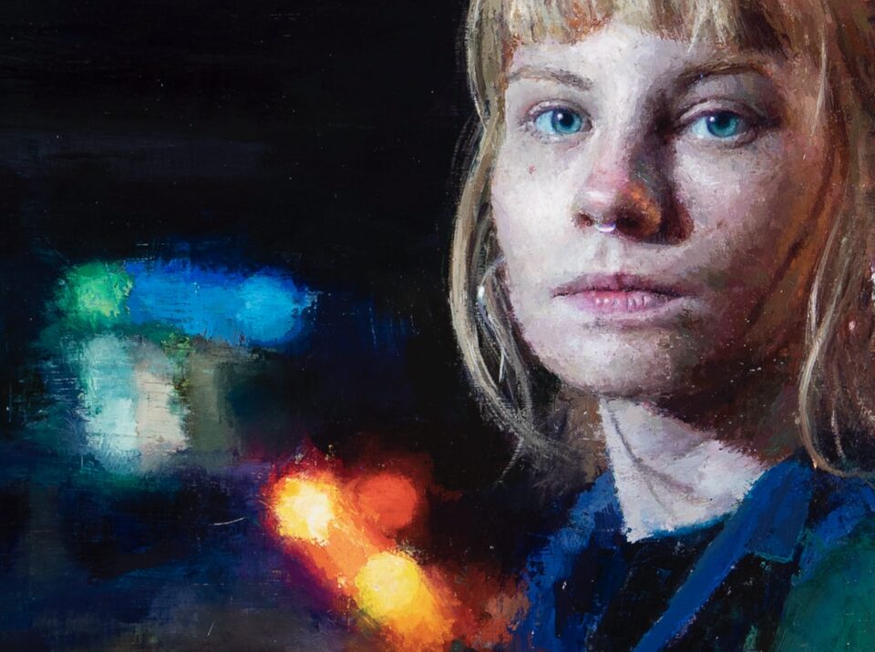 a detail of an oil portrait of a young woman with blonde hair pulled back and wearing a blue jacket, pictured at night with her face illuminated and buildings in the background