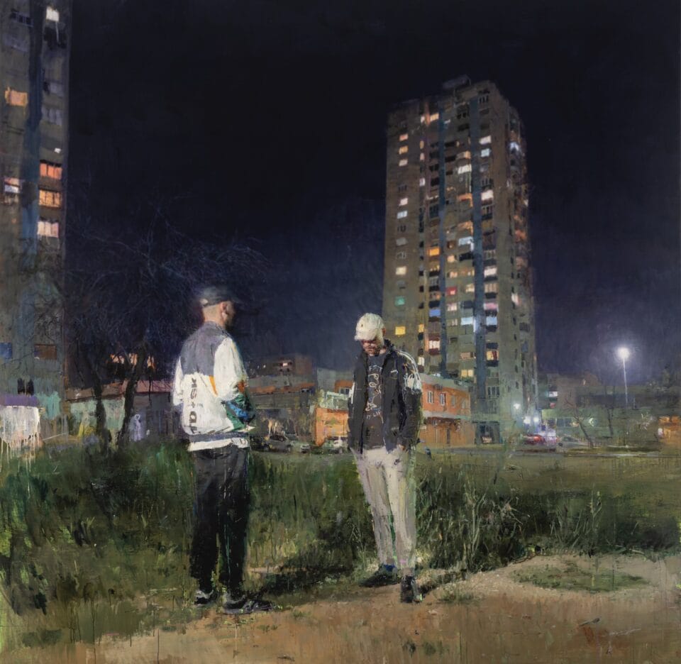 an oil painting of two male figures standing in a grassy area at night with large buildings behind them