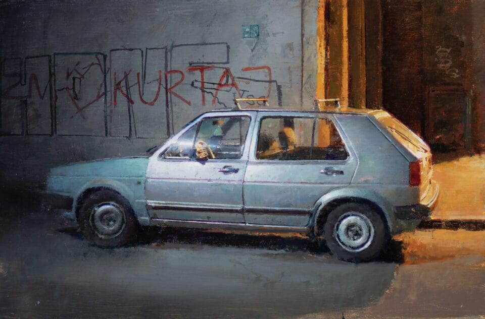 an oil painting of a vintage, gray Volkswagen Golf at night, illuminated partially by an orange street lamp