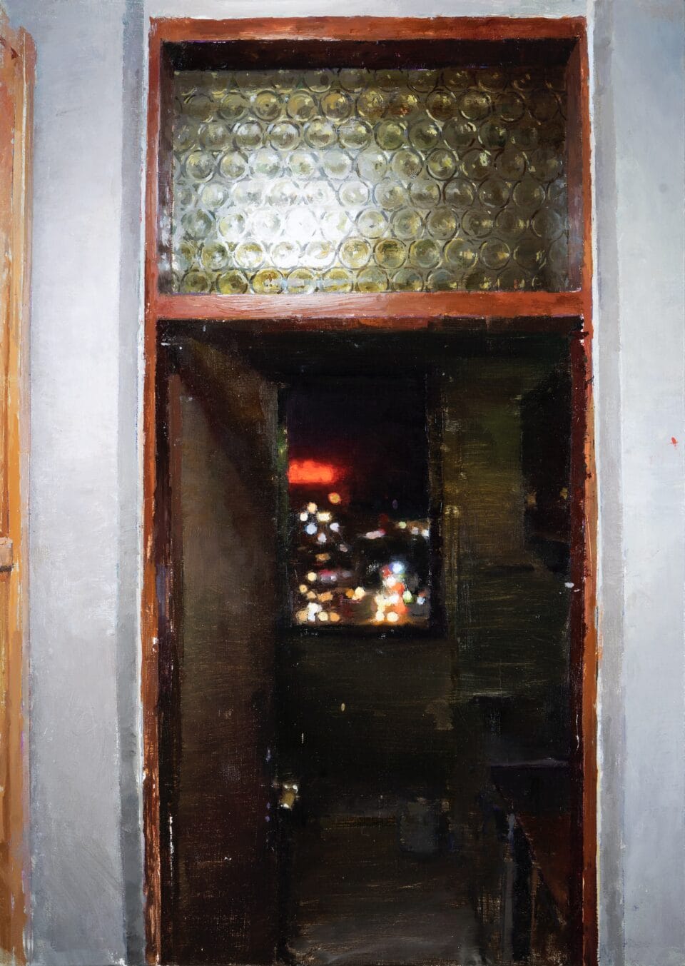 an oil painting of a doorway looking out into the night