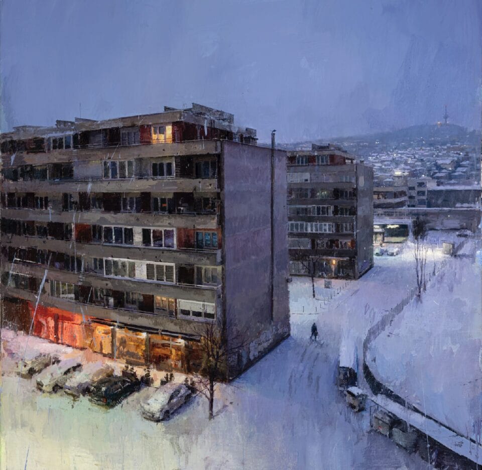 an oil painting of an early morning scene of a housing estate with cars parked outside in the snow