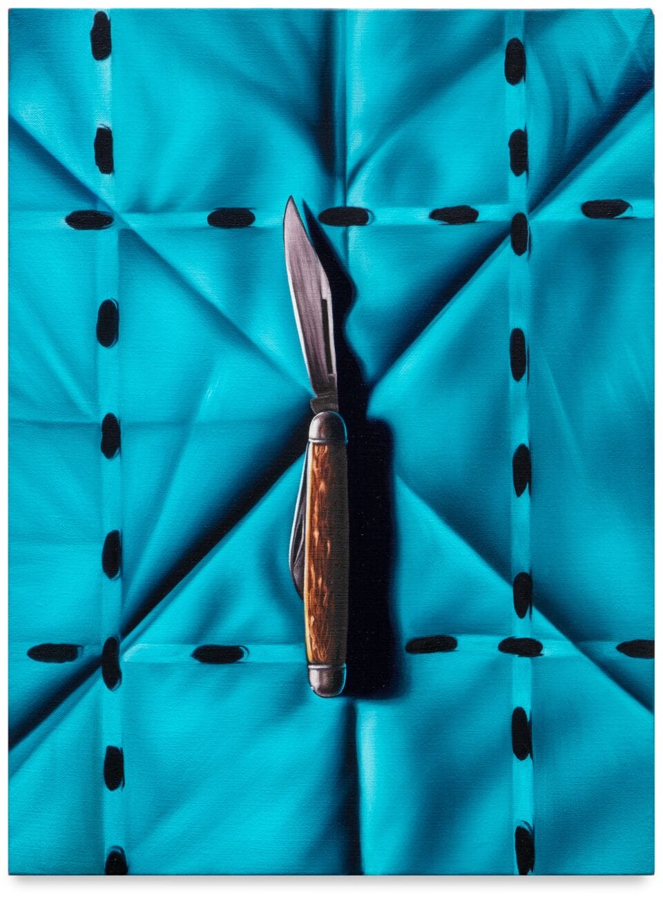 an oil painting of a pocketknife on a blue handkerchief