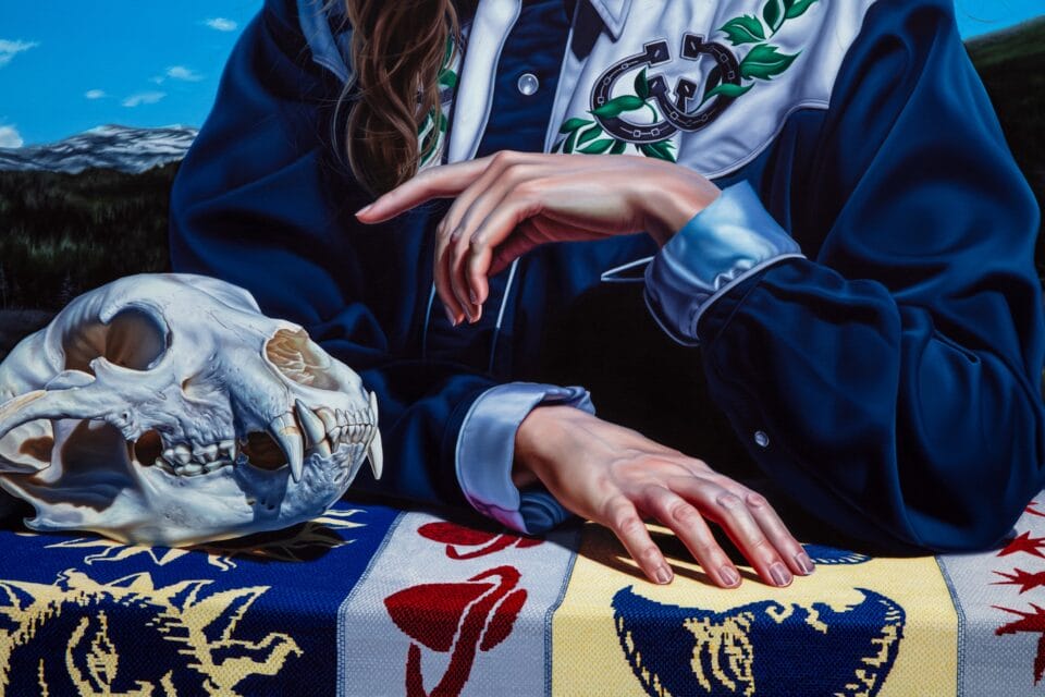 a detail of an oil painting showing a woman's hands gesticulating near an animal skull