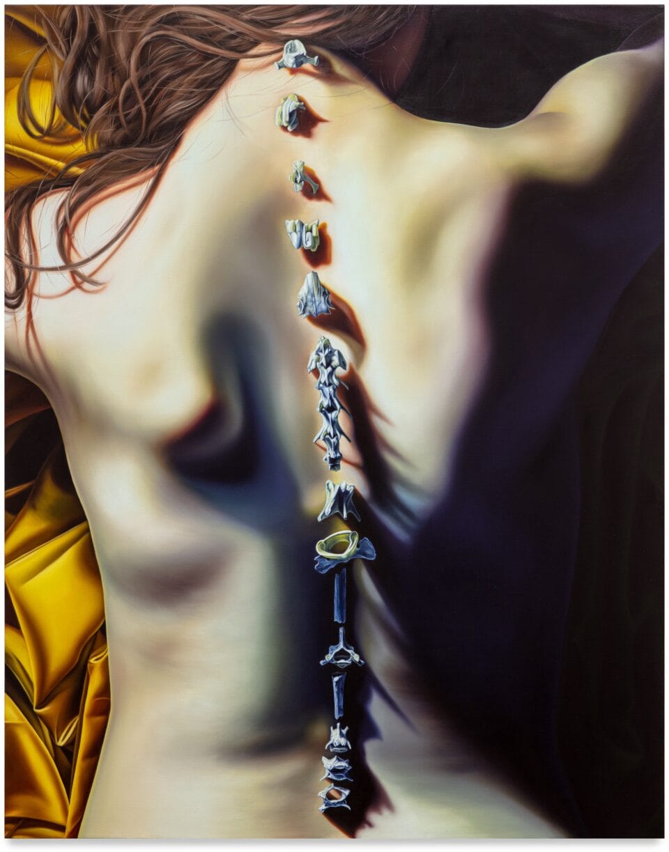 an oil painting of a woman's back with a line of small animal bones down her spine