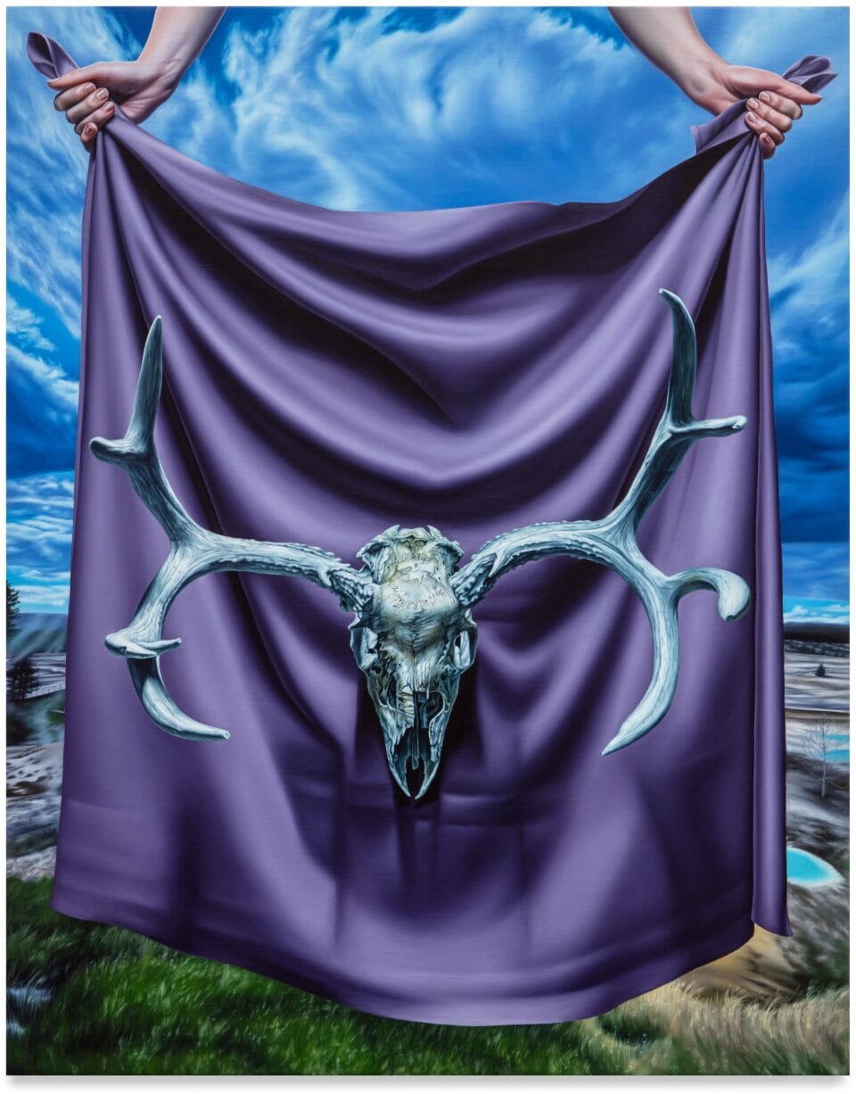 an oil painting still life of an antlered animal skull suspended on a purple cloth, draped in front of a Western landscape