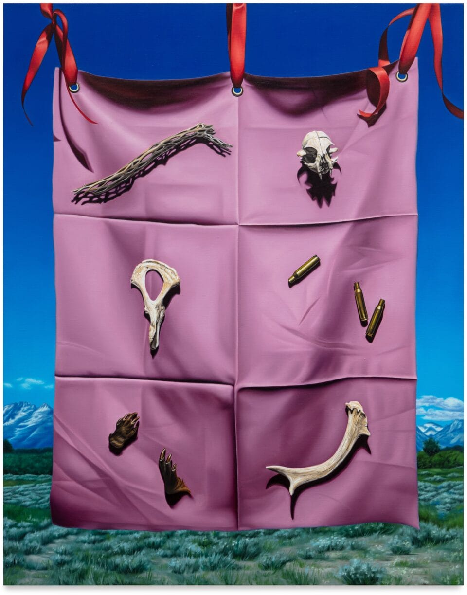 a still life oil painting of a group of animal bones suspended on a pink cloth with dark shadows, draped in front of a Western landscape