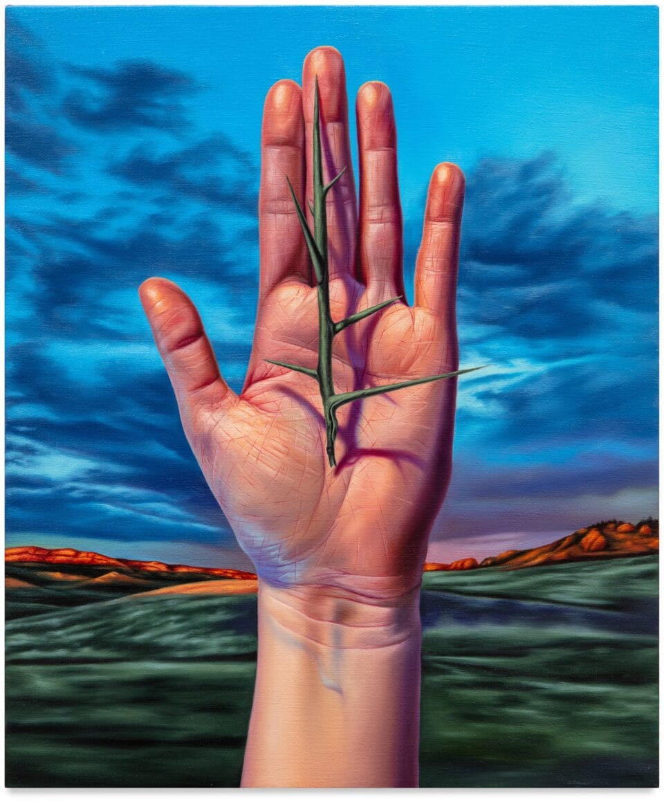 an oil painting of a woman's hand holding a thorn in front of a dusky Western landscape