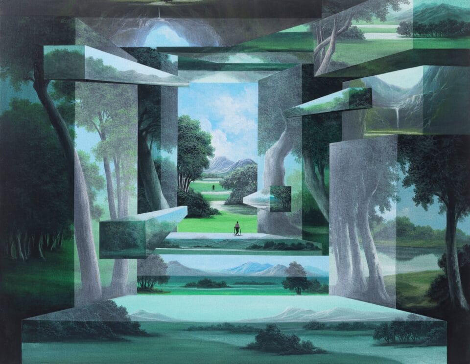 a surreal landscape with blocky distortions and various levels