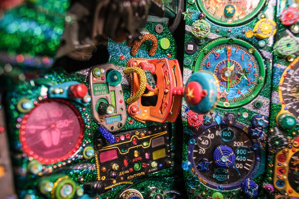 an elaborately beaded cockpit of a MiG-21 cockpit